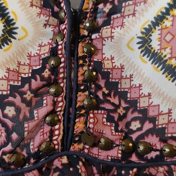 Tantrums  navy mauve boho aztec sheer style  long sleeve blouse  Sz S - Picture 4 of 7